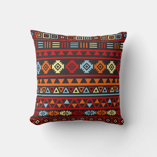 Aztec Style (Large) Ptn - Orange Yellow Red & Blk Throw Pillow (Front)