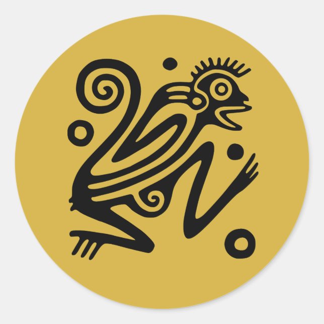 Aztec Style Mexican Monkey Black on Gold  Classic Round Sticker (Front)