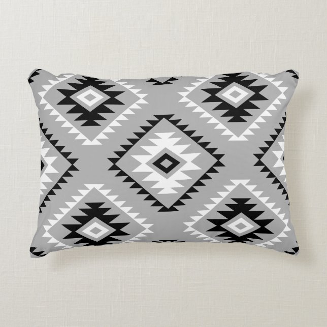 Aztec Style Motif Big Pattern Black White Grey Accent Pillow (Front)