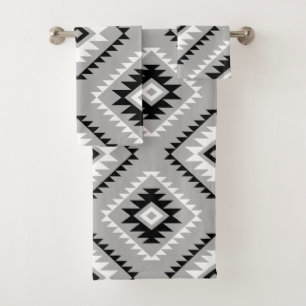 Aztec Style Motif Big Pattern Black White Grey Bath Towel Set