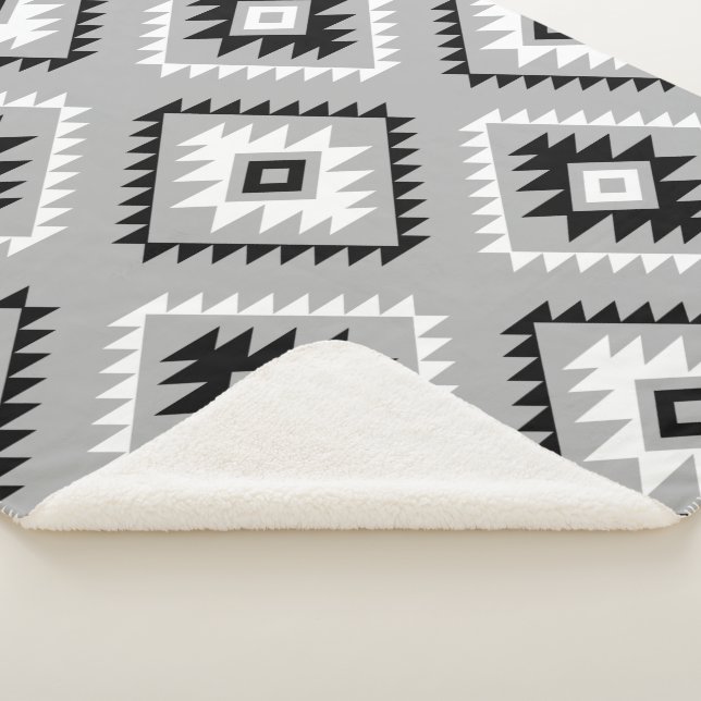 Aztec Style Motif Big Pattern Black White Grey Sherpa Blanket (3/4)