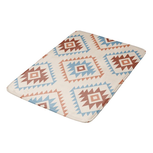 Aztec Style Motif Big Pattern Blue Crm Terracottas Bath Mat (Angled)