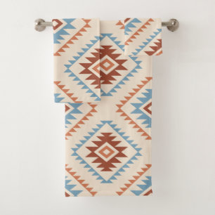 Aztec Style Motif Big Pattern Blue Crm Terracottas Bath Towel Set