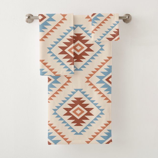 Aztec Style Motif Big Pattern Blue Crm Terracottas Bath Towel Set (Insitu)