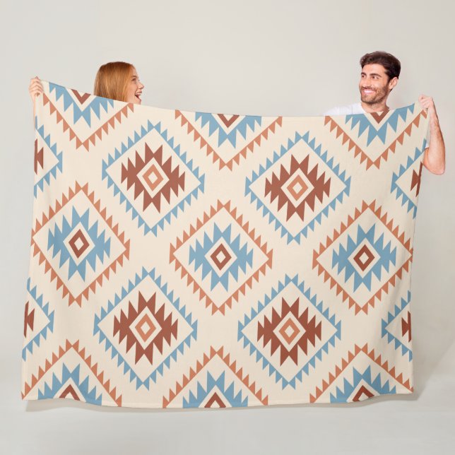 Aztec Style Motif Big Pattern Blue Crm Terracottas Fleece Blanket (In Situ)