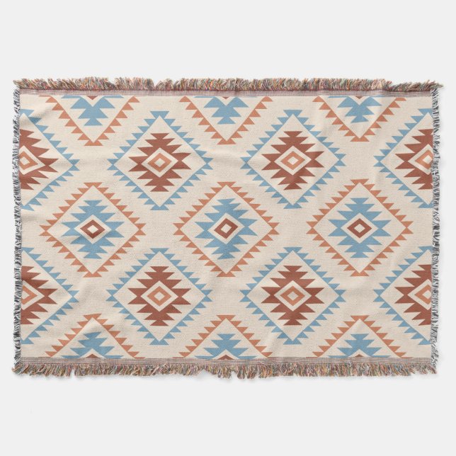 Aztec Style Motif Big Pattern Blue Crm Terracottas Throw Blanket (Front)
