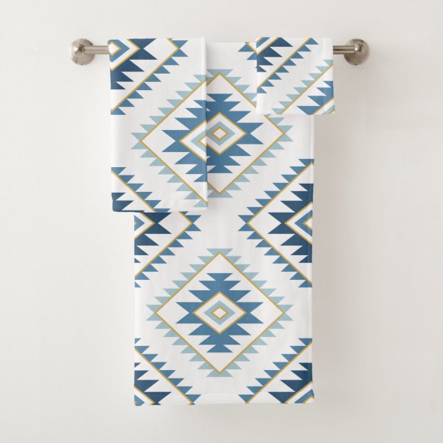 Aztec Style Motif Big Pattern Blues White Gold Bath Towel Set (Insitu)