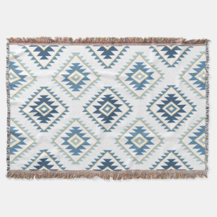 Aztec Style Motif Big Pattern Blues White Gold Throw Blanket