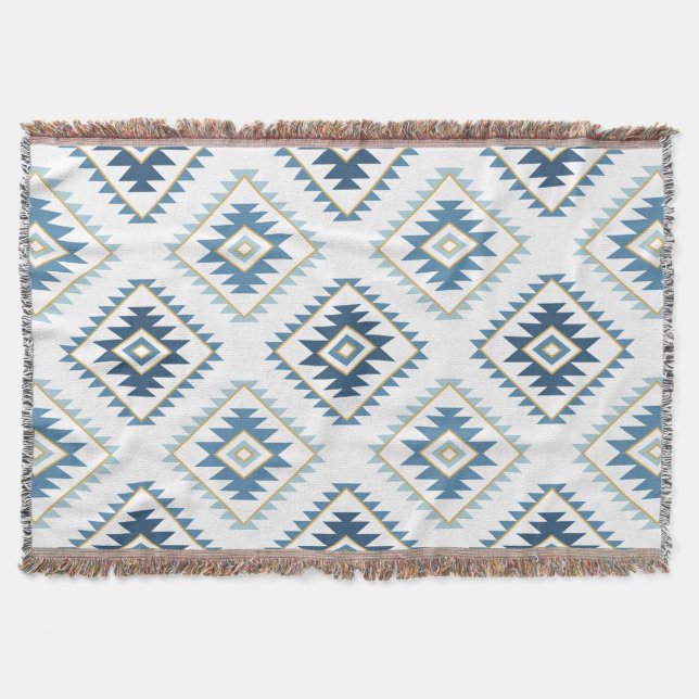 Aztec Style Motif Big Pattern Blues White Gold Throw Blanket (Front)