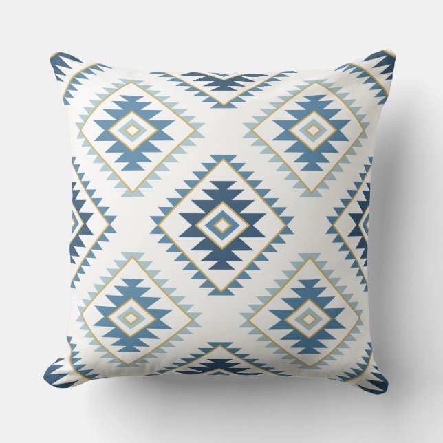 Aztec Style Motif Big Pattern Blues White Gold Throw Pillow (Front)