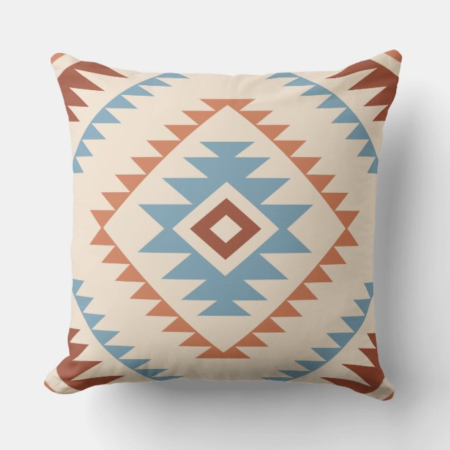 Aztec Style Motif Lg Pattern Blue Crm Terracottas Throw Pillow (Front)