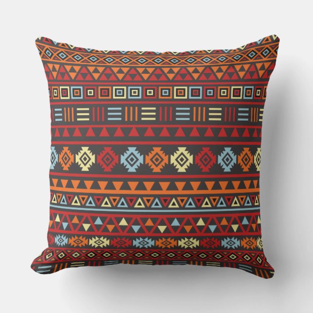 Aztec Style Pattern - Orange Yellow Blue Red & Blk Throw Pillow (Front)