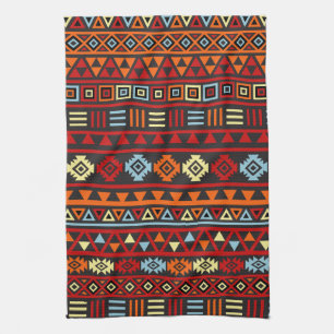Aztec Style Ptn (v) - Orange Yellow Blue Red & Blk Kitchen Towel