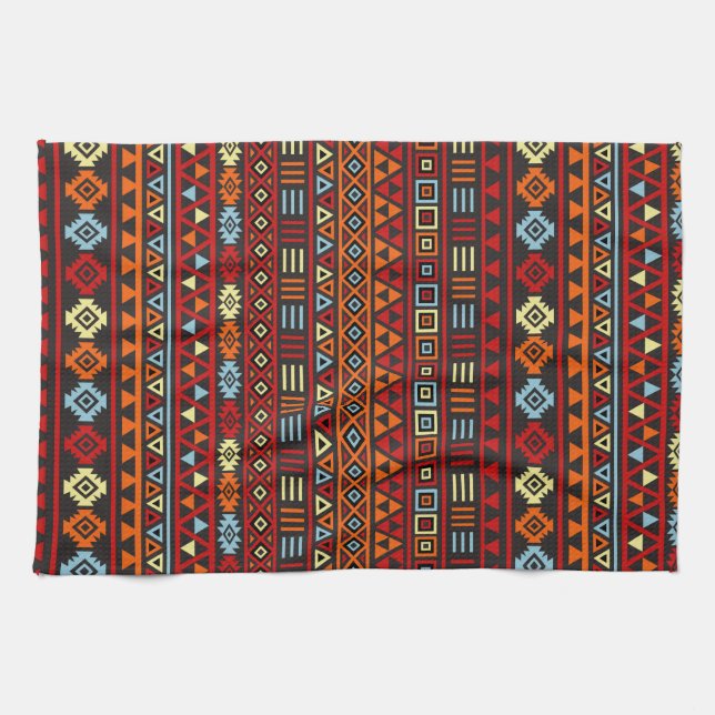Aztec Style Repeat Ptn - Orange Yellow Red & Black Kitchen Towel (Horizontal)