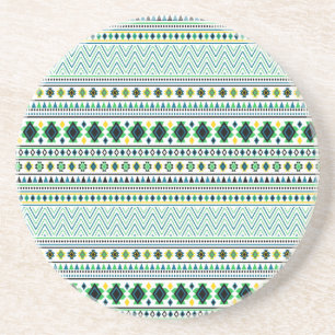 Aztec Style Tribal Pattern White Blue Green Coaster