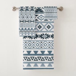 Aztec Stylized Pattern Grey-Blues & White Bath Towel Set