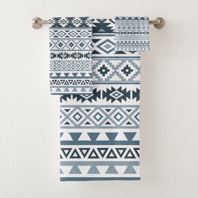 Aztec Stylized Pattern Grey-Blues & White Bath Towel Set (Insitu)