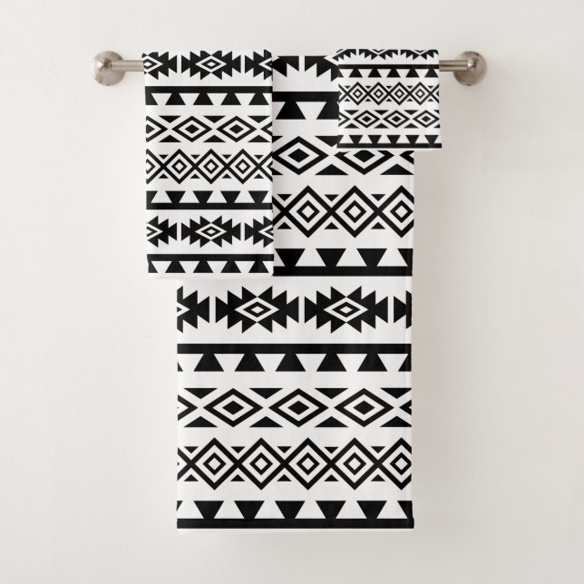 Aztec Stylized Pattern II Black on White Bath Towel Set (Insitu)
