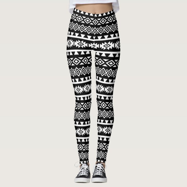 Aztec Stylized Pattern II White on Black Leggings (Front)