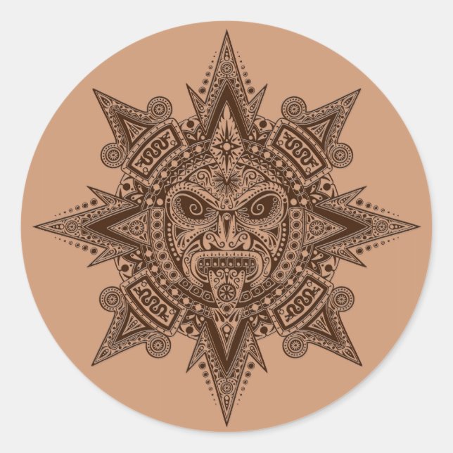 Aztec Sun Mask Brown Classic Round Sticker (Front)