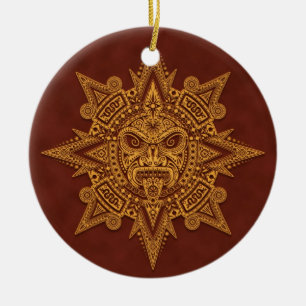 Aztec Sun Mask – Golden Red Ceramic Ornament