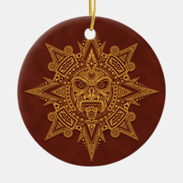Aztec Sun Mask – Golden Red Ceramic Ornament (Front)
