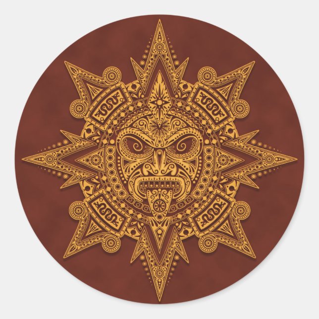 Aztec Sun Mask – Golden Red Classic Round Sticker (Front)