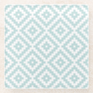 Aztec Symbol Block Ptn Duck Egg Blue & White I Glass Coaster