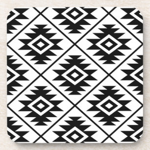 Aztec Symbol Stylized Big Ptn Black on White Coaster