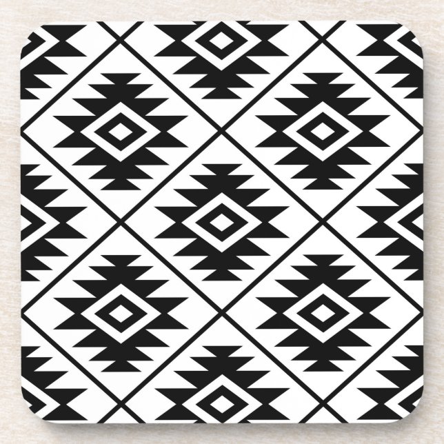 Aztec Symbol Stylized Big Ptn Black on White Coaster (Front)