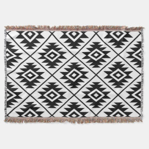 Aztec Symbol Stylized Big Ptn Black on White Throw Blanket