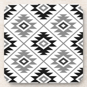 Aztec Symbol Stylized Big Ptn Black White Grey Coaster