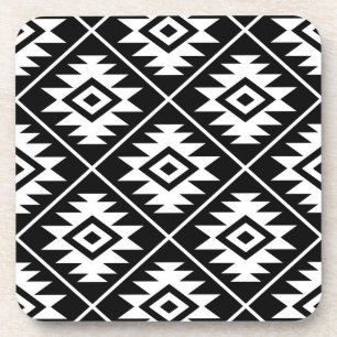 Aztec Symbol Stylized Big Ptn White on Black Coaster