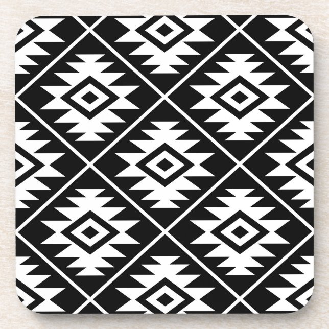 Aztec Symbol Stylized Big Ptn White on Black Coaster (Front)