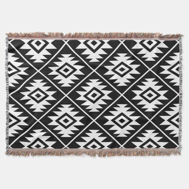 Aztec Symbol Stylized Big Ptn White on Black Throw Blanket (Front)