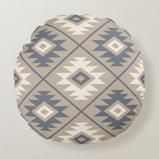 Aztec Symbol Stylized Lg Ptn Blue Cream Sand Round Pillow (Front)