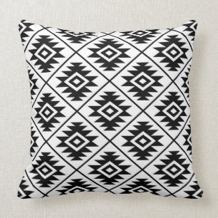 Aztec Symbol Stylized Pattern Black on White Throw Pillow