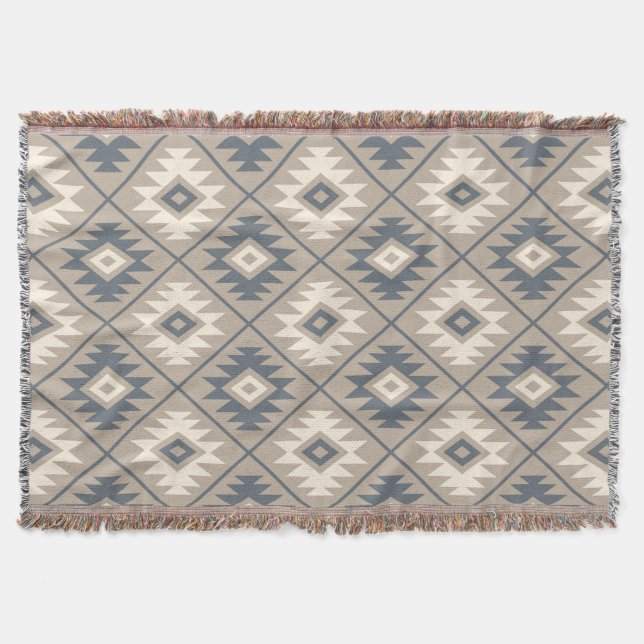 Aztec Symbol Stylized Pattern Blue Cream Sand Throw Blanket (Front)