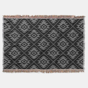 Aztec Symbol Stylized Pattern Grey on Black Throw Blanket