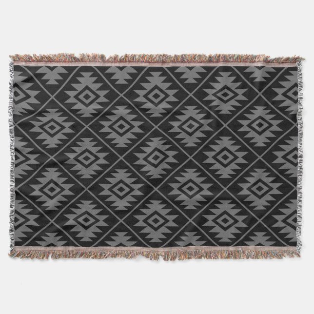 Aztec Symbol Stylized Pattern Grey on Black Throw Blanket (Front)