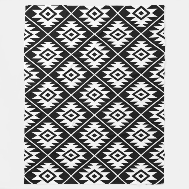 Aztec Symbol Stylized Pattern White on Black Fleece Blanket (Front)