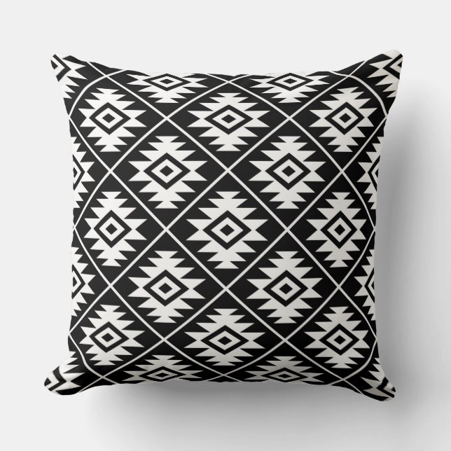 Aztec Symbol Stylized Pattern White on Black Throw Pillow (Front)