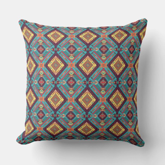 Aztec Teal And Yellow Tile  Throw Pillow (Front)