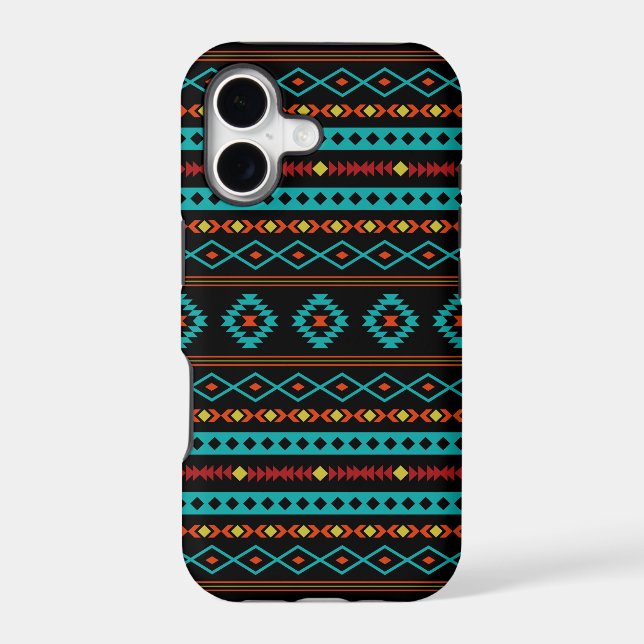 Aztec Teal Reds Yellow Black Mixed Motifs Pattern (Verso)