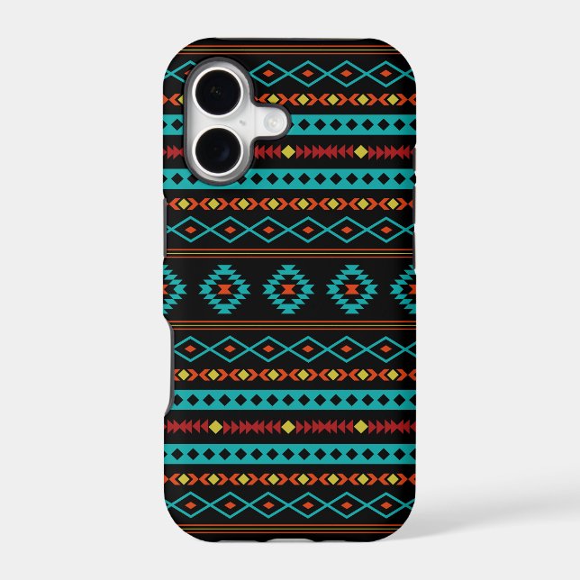 Aztec Teal Reds Yellow Black Mixed Motifs Pattern (Verso)