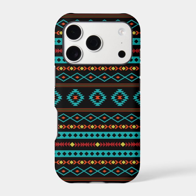 Aztec Teal Reds Yellow Black Mixed Motifs Pattern (Verso)