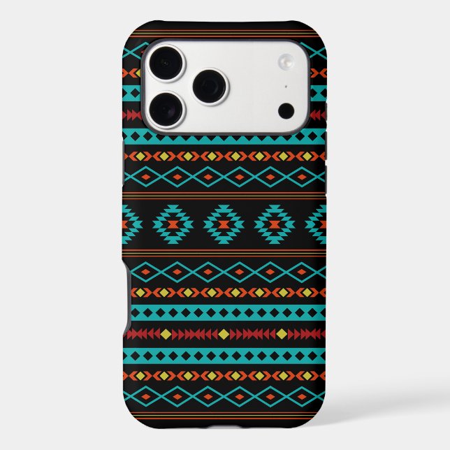 Aztec Teal Reds Yellow Black Mixed Motifs Pattern (Verso)
