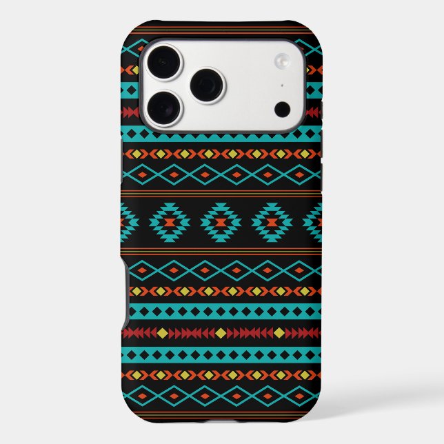 Aztec Teal Reds Yellow Black Mixed Motifs Pattern (Verso)