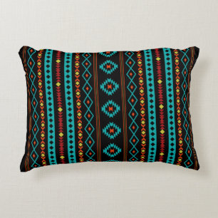 Aztec Teal Reds Yellow Black Mixed Motifs Pattern Accent Pillow