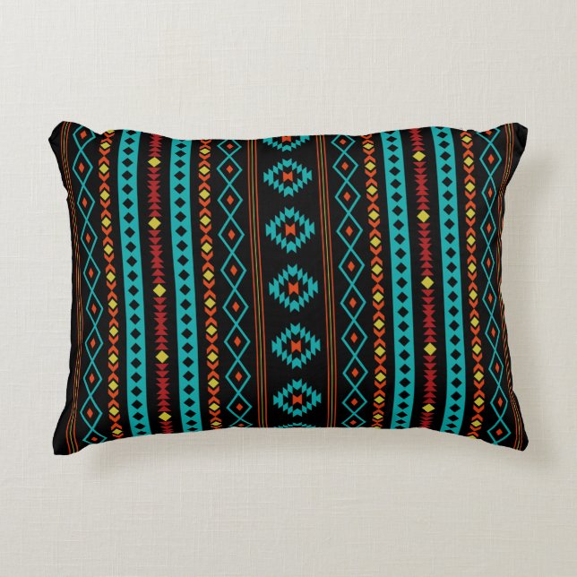 Aztec Teal Reds Yellow Black Mixed Motifs Pattern Accent Pillow (Front)